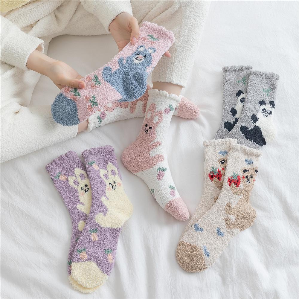 New Warm Winter Women's Cute Rabbit Panda Bear Plush Coral Fleece Socks Thick Sleeping Floor Bed Sokken Xmas Gift Dropship