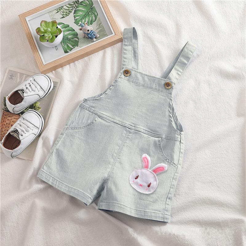 Toddler Girls Denim Overalls Shorts Adjustable Straps Button Closure Front Pockets Bunny Patch Detail Casual Wear