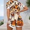 Women Plus Size V Neck Short Sleeve Multi Color Printed Button Front Fitted Short Romper