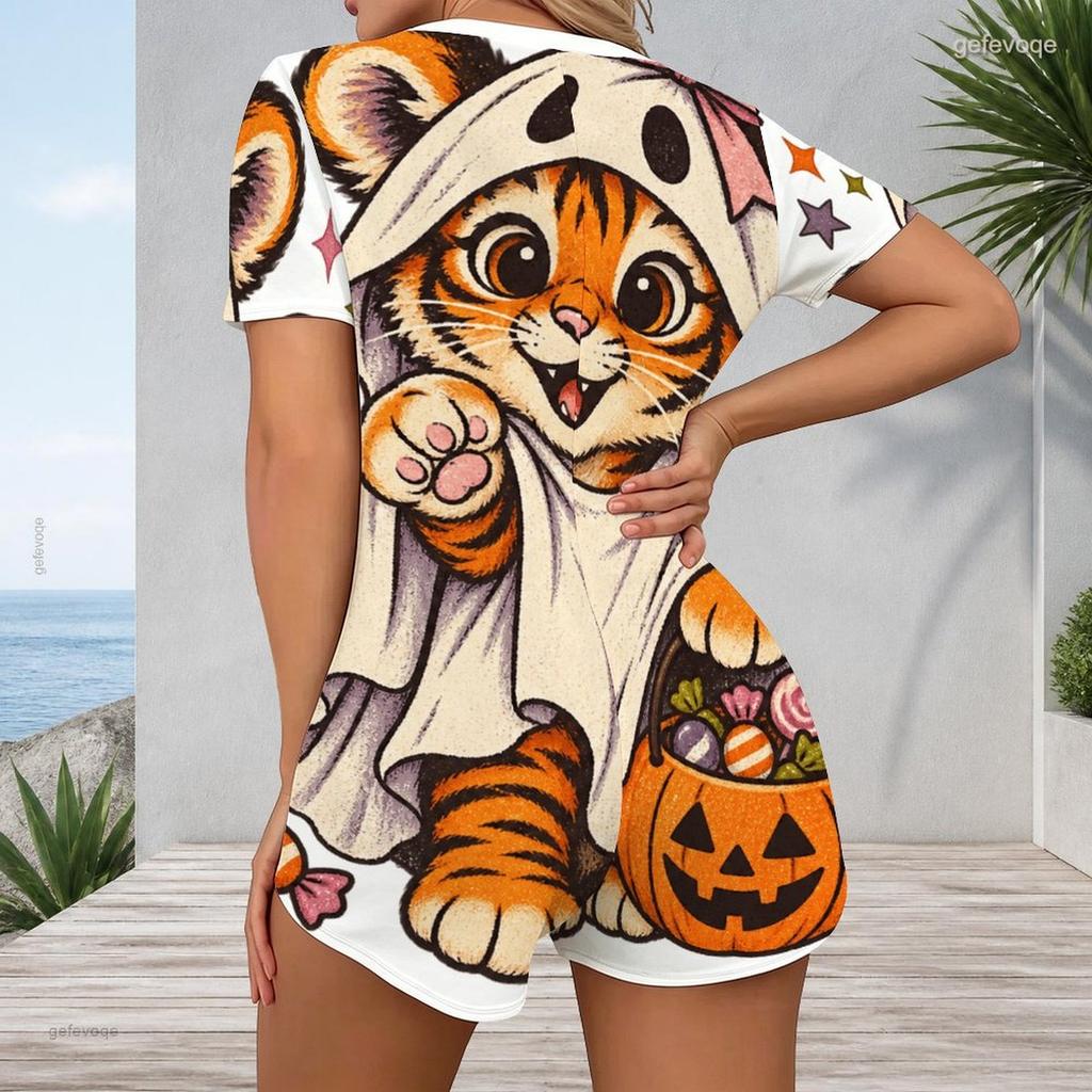 Women Plus Size V Neck Short Sleeve Multi Color Printed Button Front Fitted Short Romper