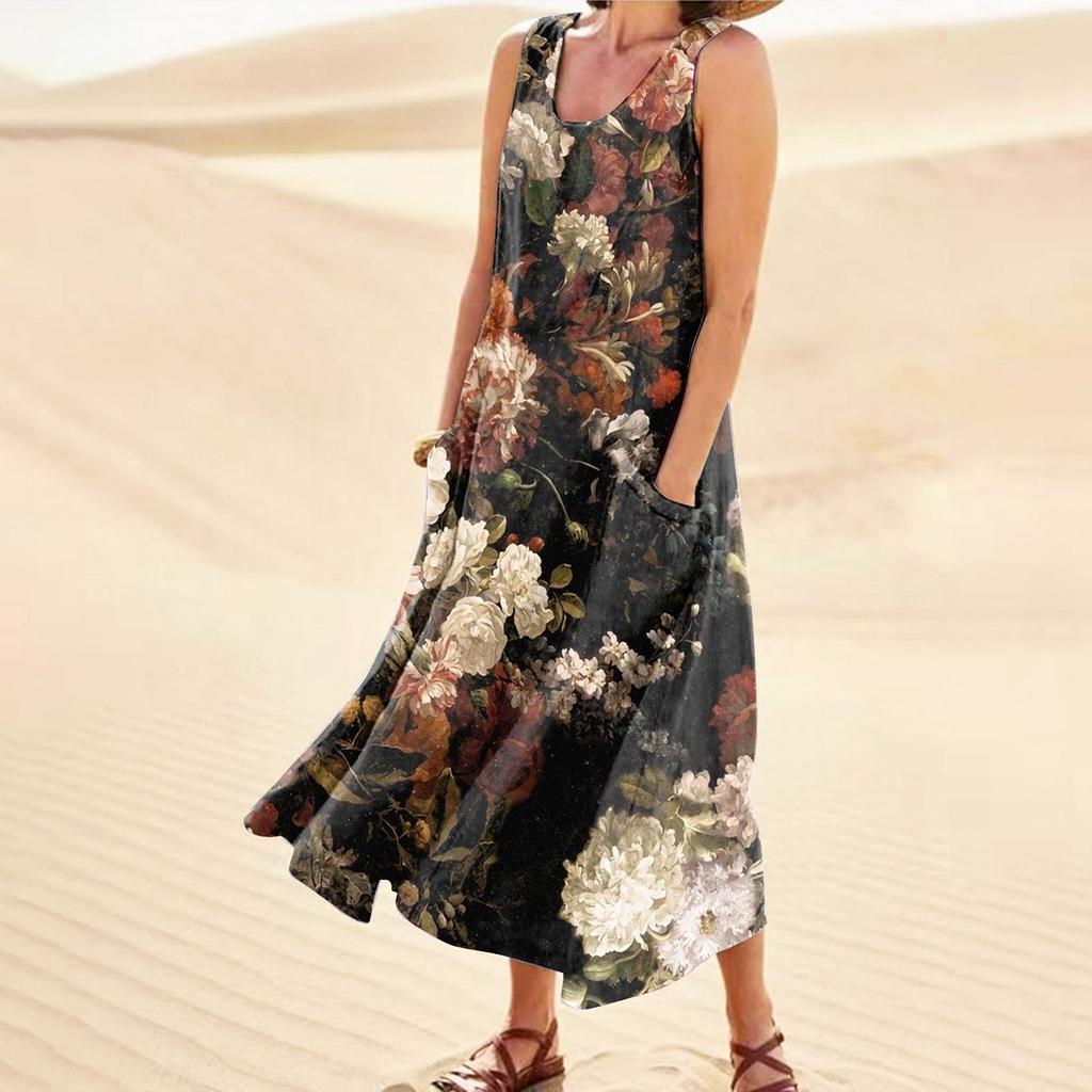 Women's Summer Casual Fashion Flower Printed Sleeveless Round Neck Pocket Dress