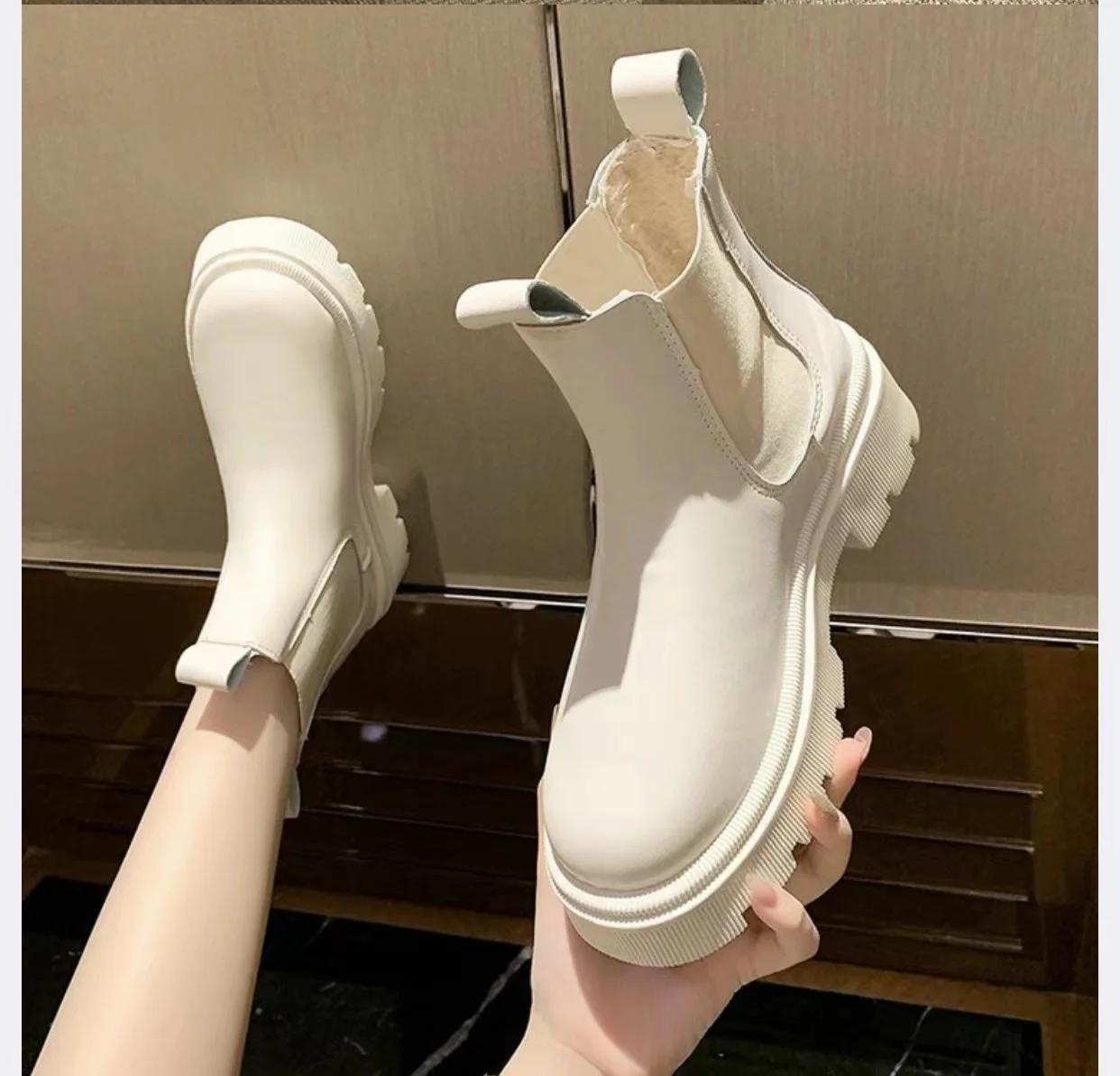 

Fashion New Autumn Winter Chelsea Boots Women Platform Brown Black Beige White Ankle Boots for Women Fur Short Chunky Punk Gothic Shoes 35 бежевый