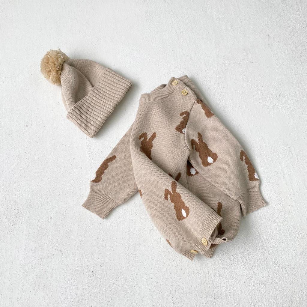 Baby Bunny Sweater Romper Set with Wool Pom-Pom Hat - Unisex, Long Sleeve