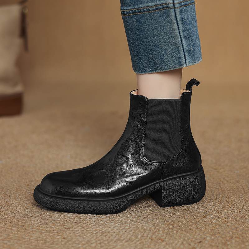 Krazing Pot Sheepskin Pleated Decoration Autumn Winter Shoes Chunky Heels Size 43 Size 42 Round Toe Slip on Retro Fashion Ankle Boots
