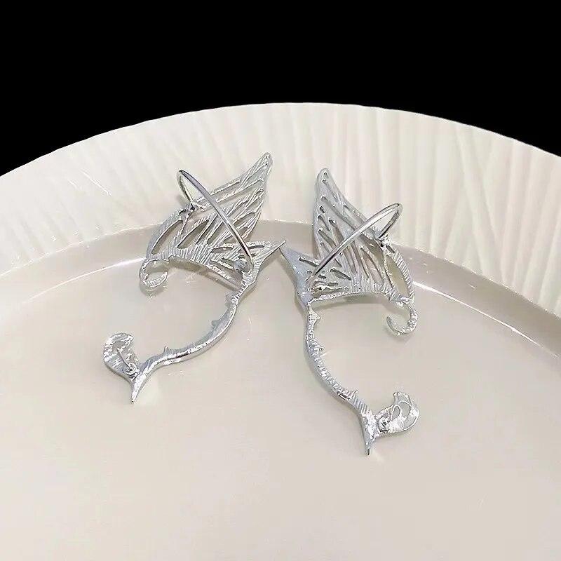 Fashion Punk Butterfly Elf Ear Clip Trendy Design Liquid Metal Wing Ear Cuff Stud Piercing Earrings for Women Girls Jewelry