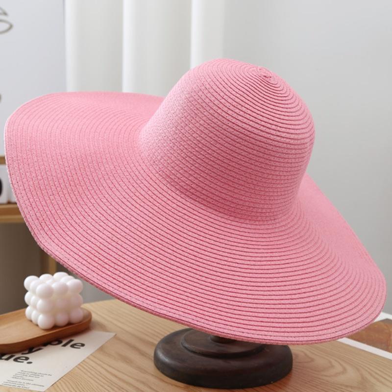 15cm Wide Brim Straw Hats For Women Summer Floppy Foldable Portable Beach Hat Girls Simple Solid Color Uv Protection Lady Panama
