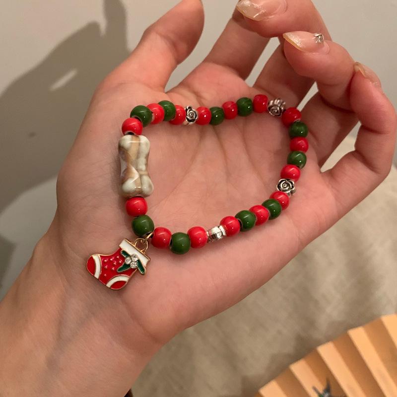European & American Christmas Stocking Beaded Ceramic Bracelet - Sweet Holiday Jewelry Gift for Women