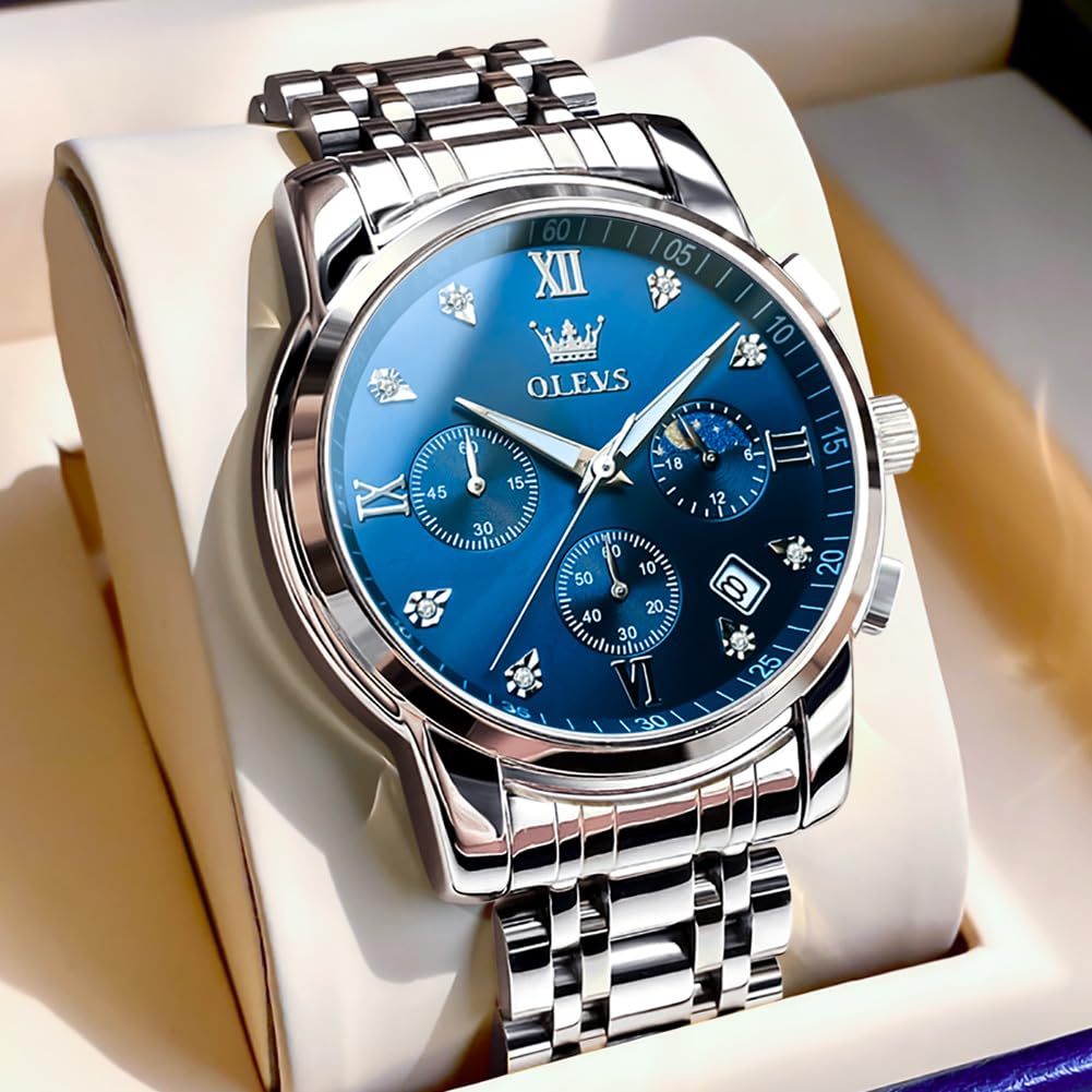 OLEVS Men's Quartz Watch with Moon Phase Timer, Stainless Steel, Stylish, Waterproof, Luminous, Date Display, Blue
