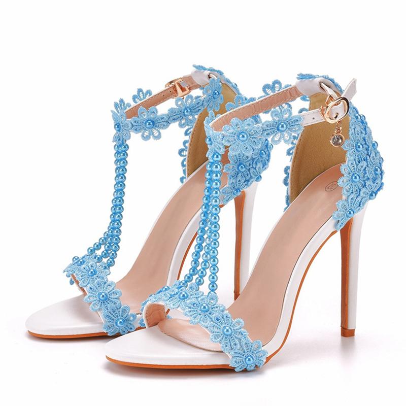 Big Size 43 44 45 Women Sexy Stiletto Sandals Summer Fashion Pearl Flowers Ankle Strap Elegant High Heels Party Prom Shoes