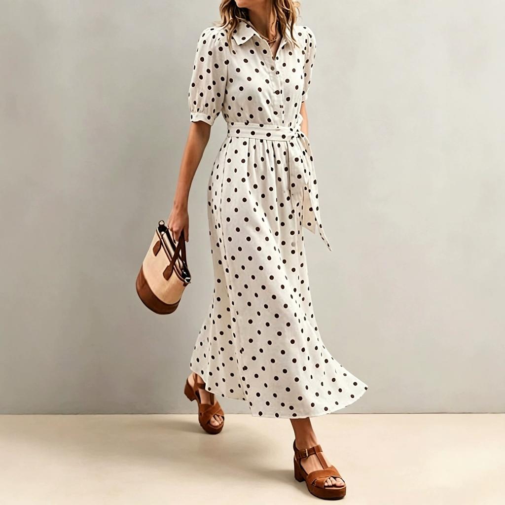 European and American Women's Clothing Elegant and Fashionable Summer New French Waist Polka Dot V-neck Slim-fitting White Dress