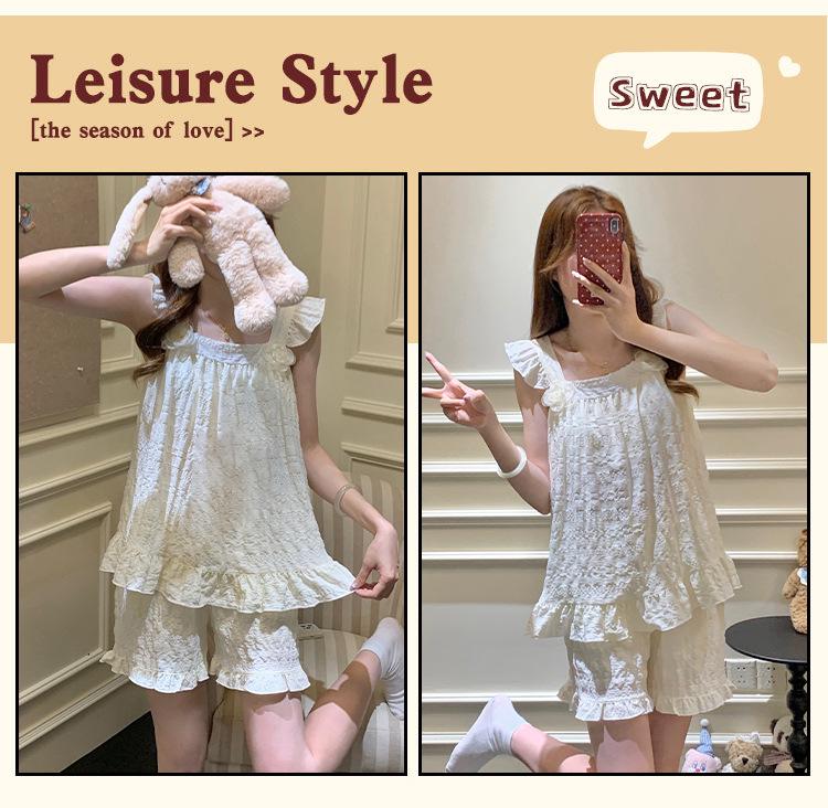 2026 Sweet Princess Style Women's Summer Pajama Set: Built-In Bra Jacquard Cloud Cotton Camisole