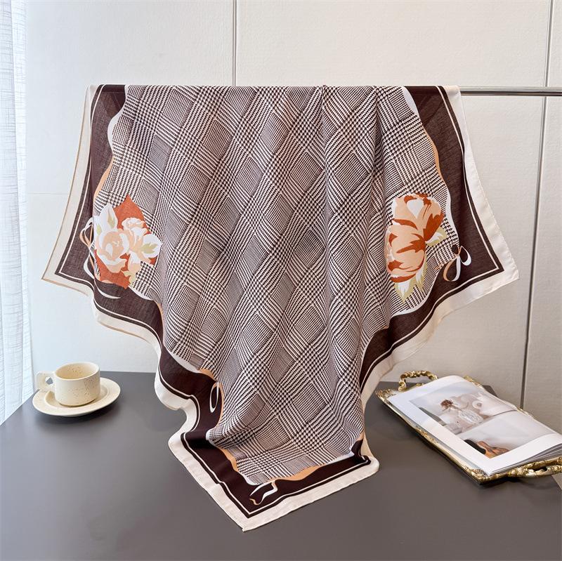 Small Fragrant Plaid Imitation Silk Large Square Scarf Retro Printing Shawl Neck Silk Scarf Herringbone Pattern Women'S Scarf Headscarf