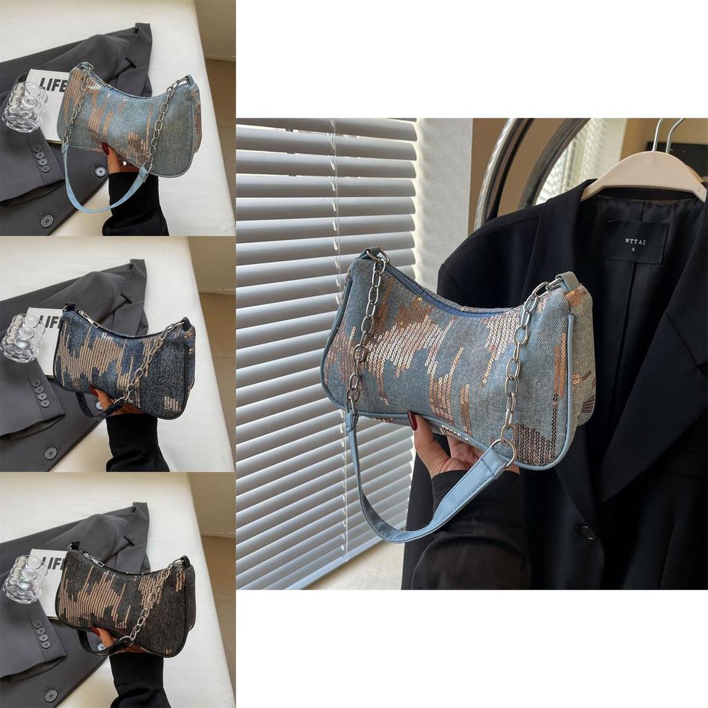 Trendy Denim Shoulder Bag 2024 Chic Chain Detail Medium Size Crossbody Bag For Women