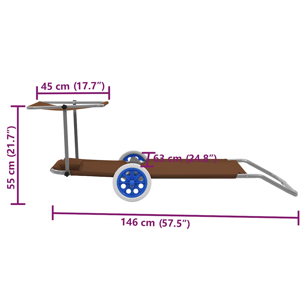Folding Sun Lounger with Sunshade and Wheels Steel Taupe