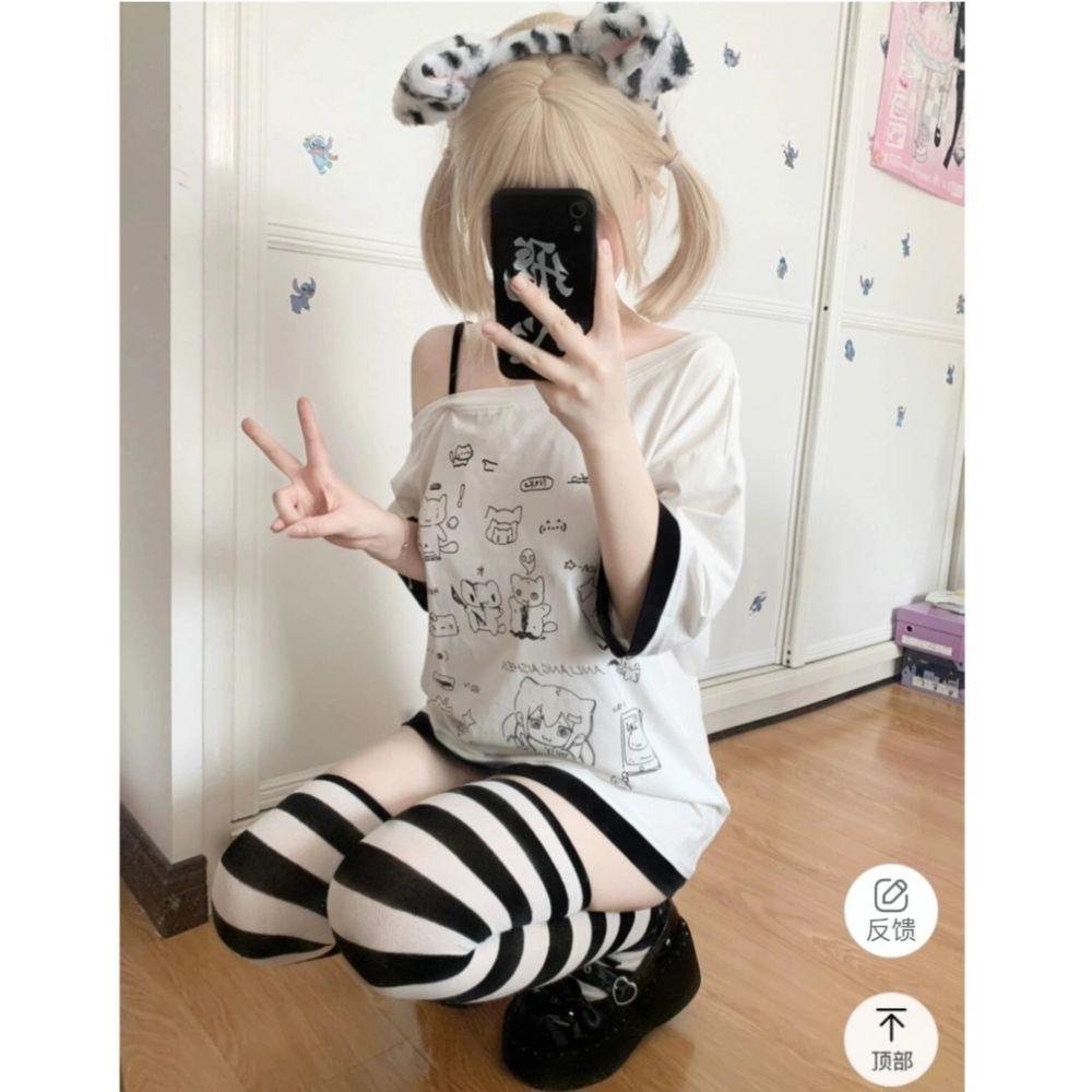 Y2k Harajuku Patchwork T-Shirts Frauen Japanischen Stil Kawaii Süße Gothic Cartoon Druck Lose Tees Tops Weiche Gril