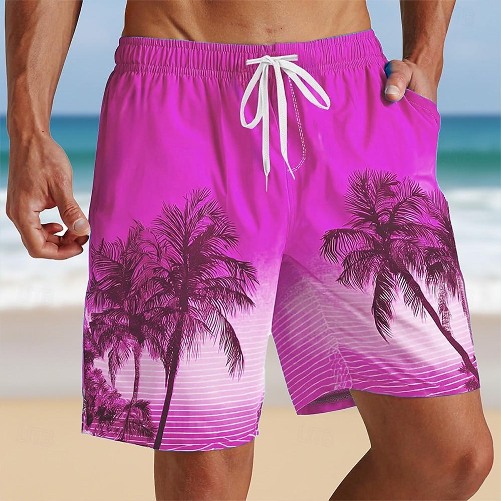 Men's Gradient Color Tropical Plants & Coconut Tree Print Beach Shorts, Casual Shorts with Side Pockets,Vacation Wear for Summer