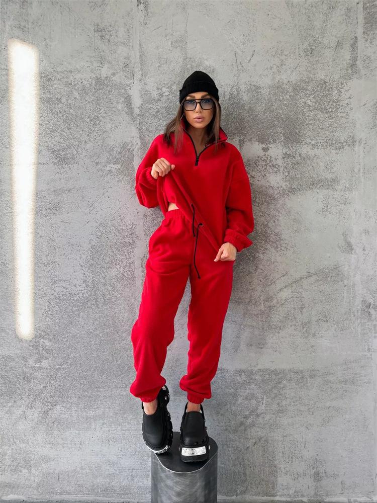 New European and American casual women's set, solid color long-sleeve, zip-up collar, waist-cinching sweatshirt, two-piece tie pants set