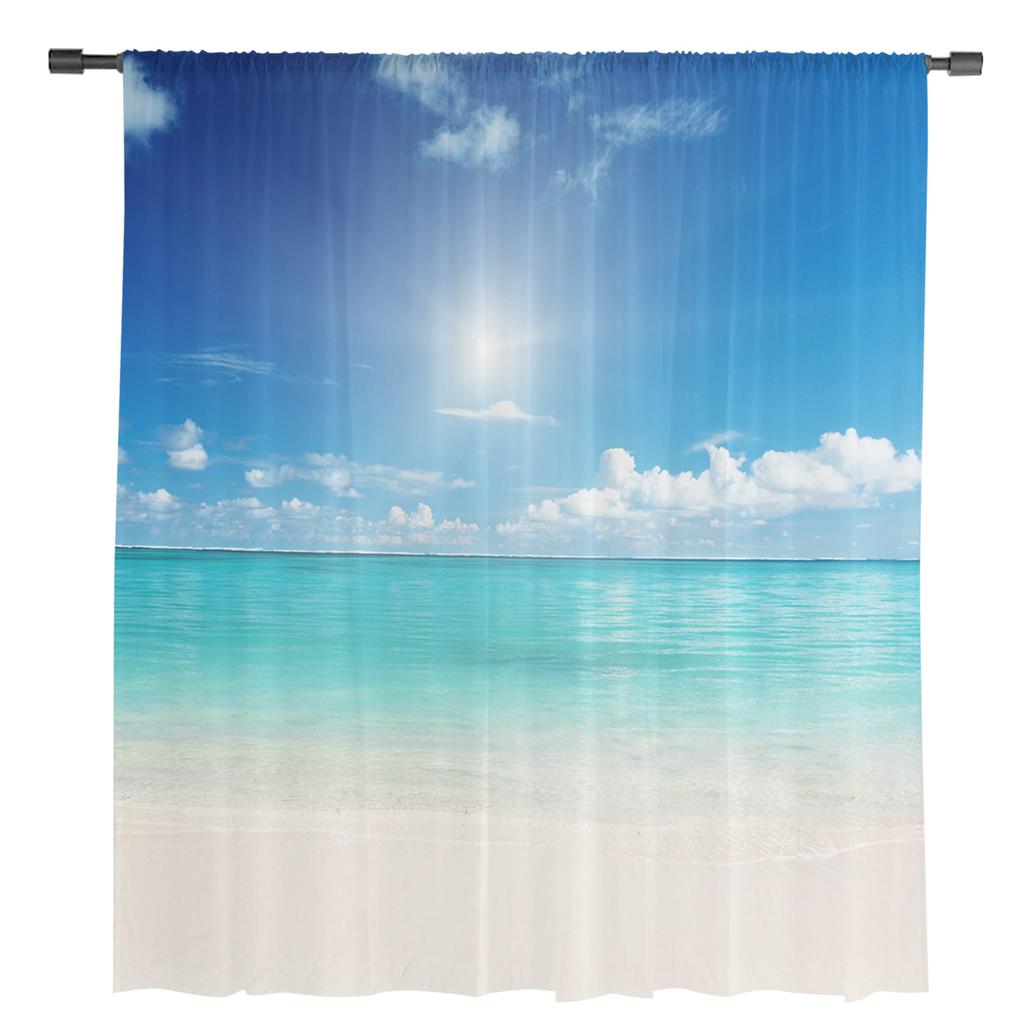 Blue Seaside Beach Clouds Sheer Curtains for Living Room Decoration Window Curtains for Kitchen Tulle Voile Organza Curtains