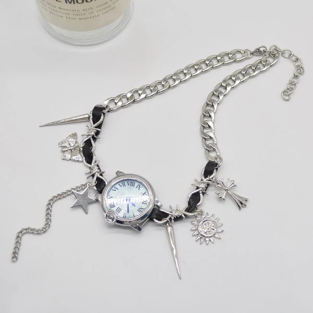 Fashion Y2k Watch Leather Pendant Titanium Steel Collar Female Personality Cyberpunk Choker Fashion Jewelry Gift