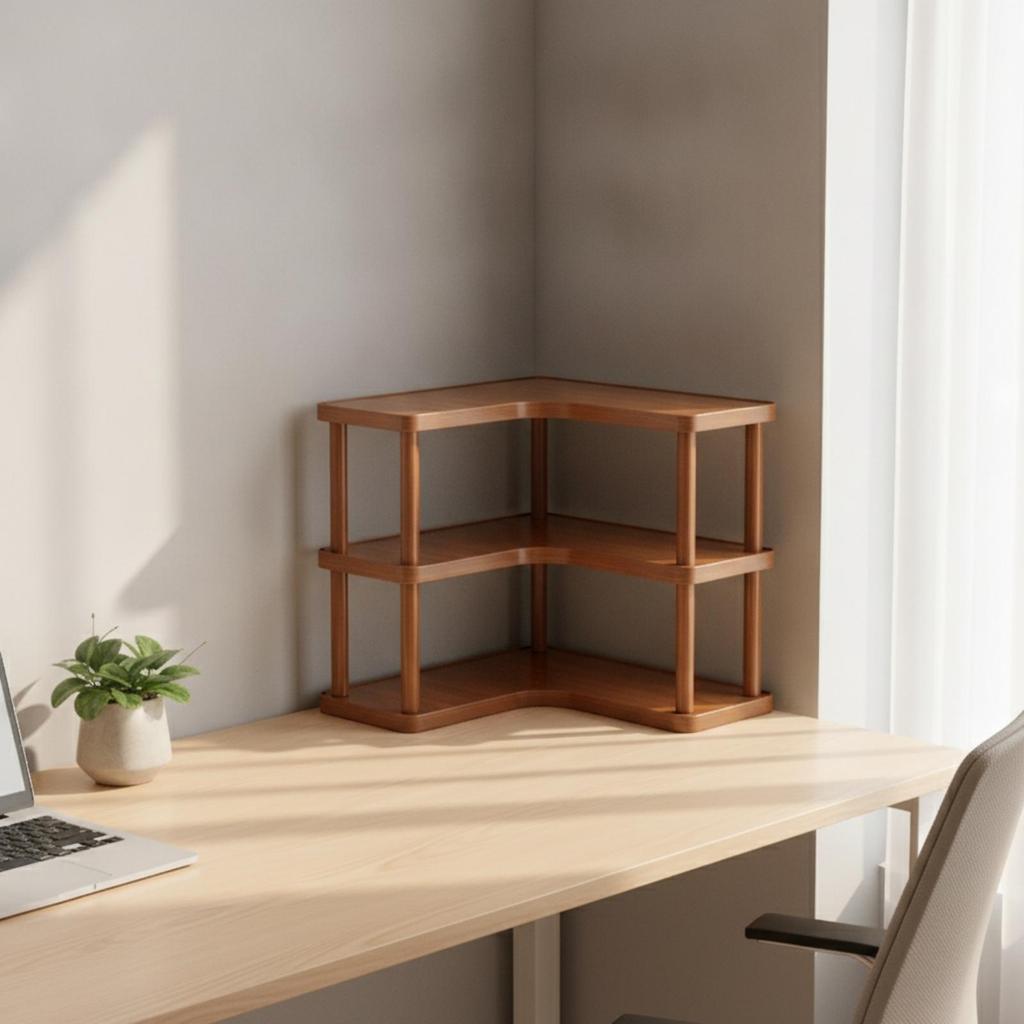 3-Level Bamboo Corner Desk Organizer Shelf Rounded Corners