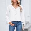 Women's Fashionable Casual  Long Sleeved V-neck Pleated Ruffle Edge Shirt Pullover Top