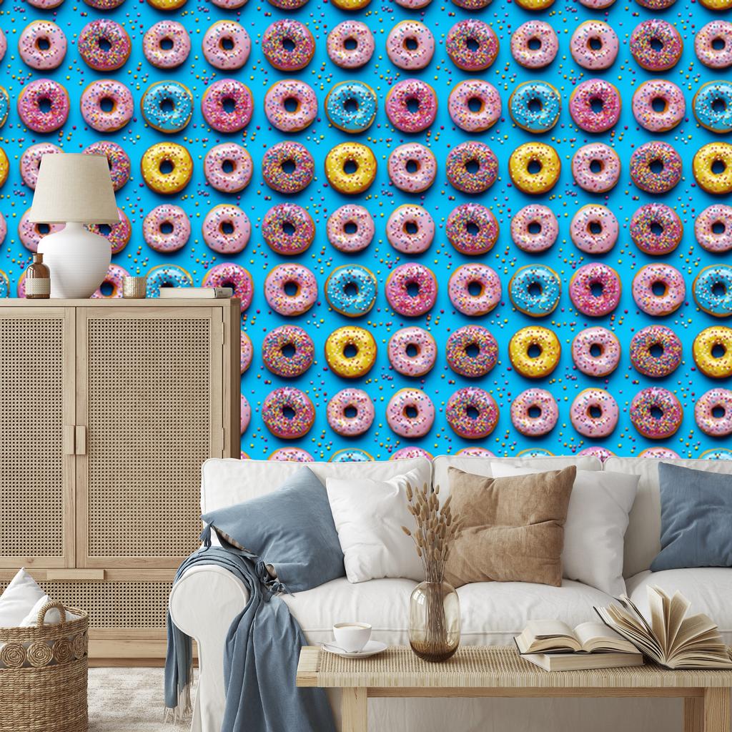 Colorful Donuts Wallpaper In Turquoise and Blue for Living Room and Bedroom 50x1000