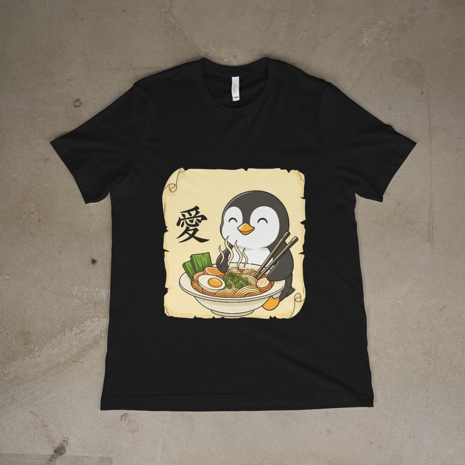 Cute Penguin Ramen Shirt Japanese Love Anime Food Kawaii Graphic Tee 4XL