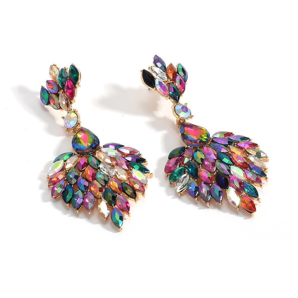 Retro Iridescent Rhinestone Fan-Shaped Dangle Earrings for Dinner Parties