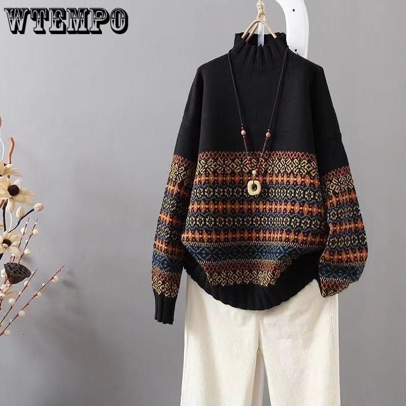 Half Turtleneck Sweaters for Women Trendy Loose Long-sleeved Knitted Sweaters Large-sized Casual Pullover Sweaters for Women In Autumn and Winter