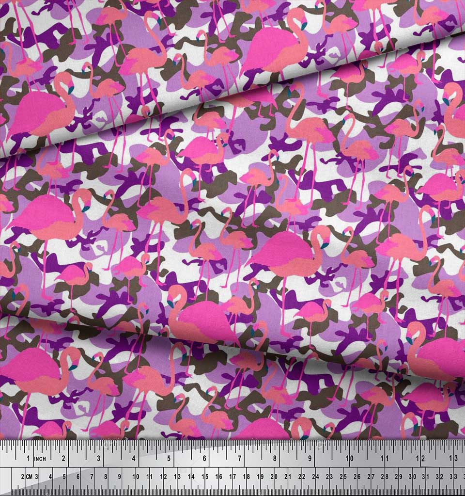 Soimoi Japan Crepe Satin Fabric Camouflage Texture & Flamingo Bird Printed Craft Fabric by the Metre 42 Inch