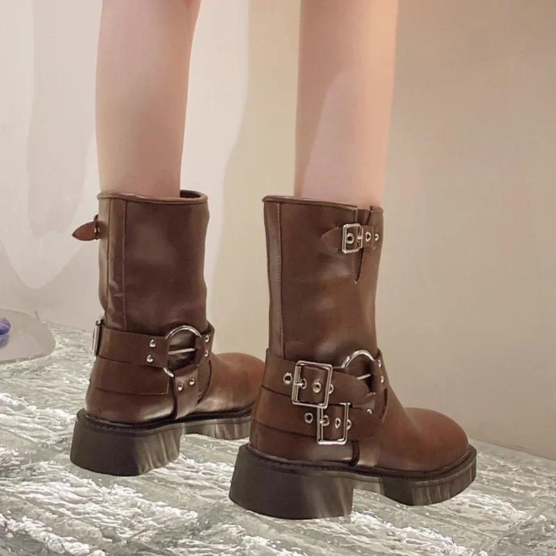 Fashion Punk Style Buckle Strap Mid-Calf Boots Women Black PU Leather Platform Western Boots Woman Big Size Square Toe Thick Heels Boots