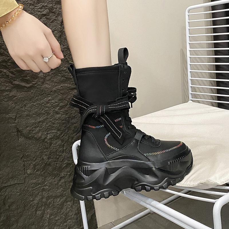 8CM Women Chunky Mid-Calf Boots New 2025 Autumn Winter Buckle Canvas Punk Shoes High Platform Motorcycle Boots Leather Sneakers