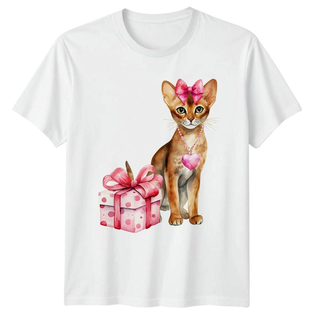 Watercolor Cat Kitten With Pink Unisexs TShirt Abyssinian Cat Pet Valentines Day S