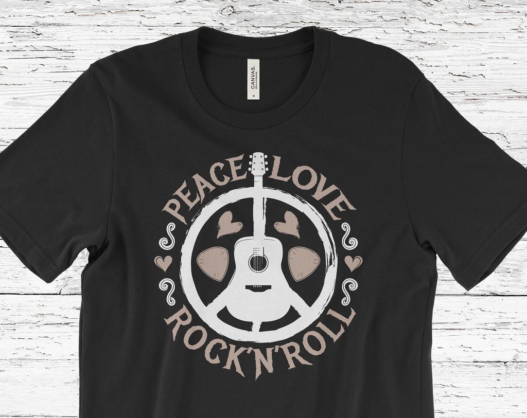 Peace Love & Rock 'n' Roll Hippie Guitar Ukulele Vintage Retro Disco Costume Party Festival Shirt, Gypsy Soul, Hippy Gifts, Birthday Present