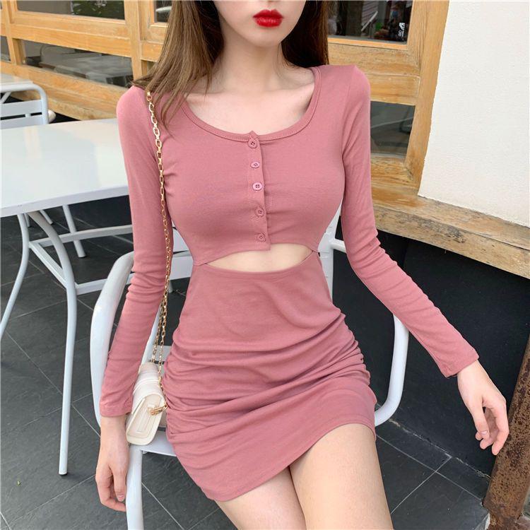Hong Kong Style Chic Cutout Crop Top & Body-Hugging Long Sleeve Dress