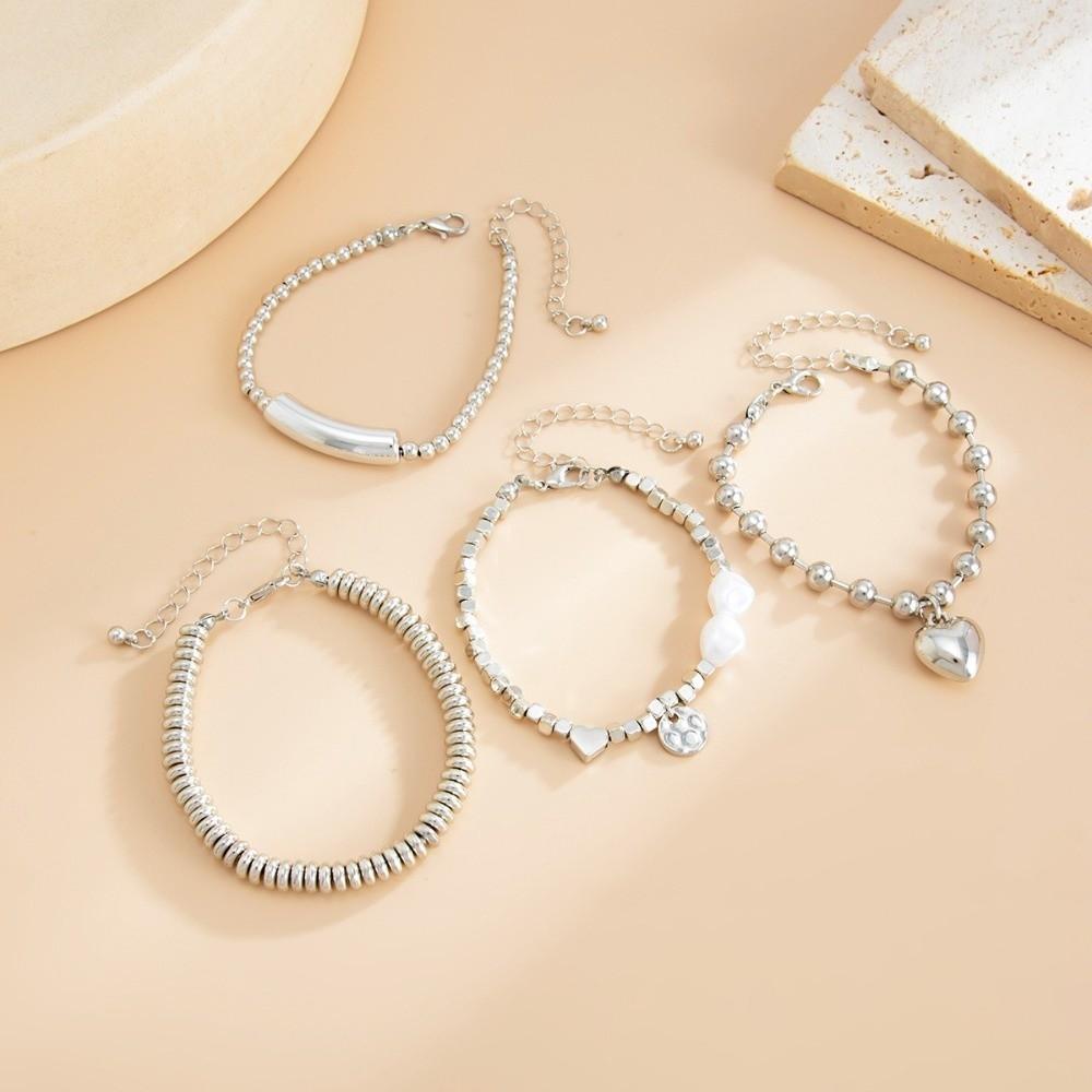 Silver Heart Pendant Bracelets Beaded Metal Hand Chain Trendy Imitation Pearl Bracelets  Gifts