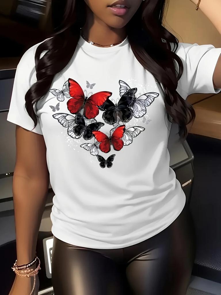 Casual Vibrant Red with Regular Versatile Stylish Womens Red Short Sleeve Elegant Butterfly Print Round Neck