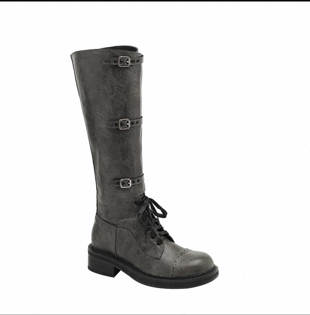 Cowhide~ Maillard Strap Tall Knight Boots Women's Autumn and Winter New Leather Retro Old Belt Buckle Boots