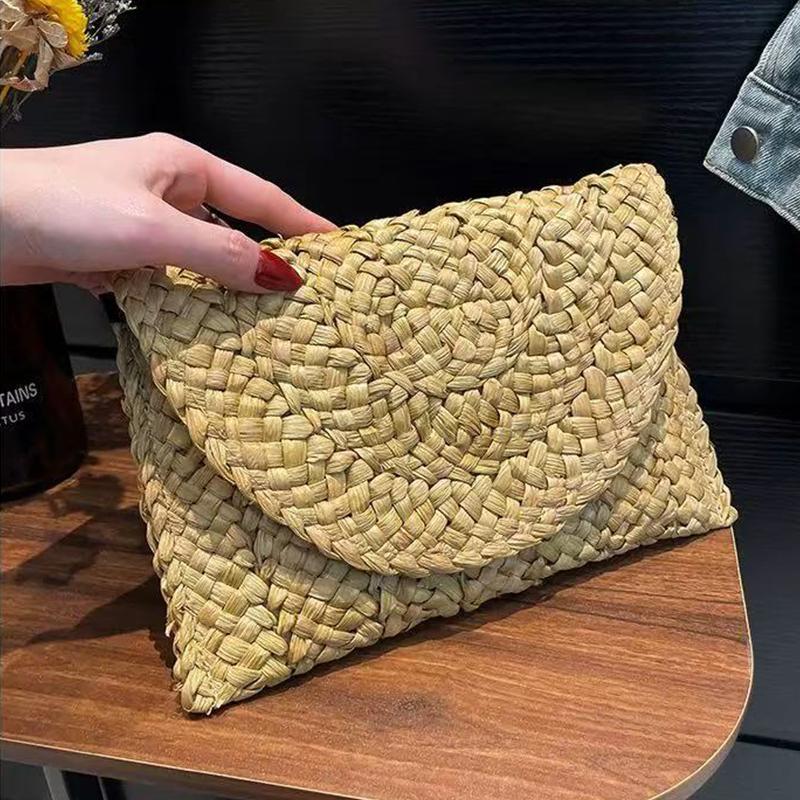 Fashion Beach Purse Women Summer Beach Bag Envelope Woven Clutch Solid Color Large Capacity Storage Bag Corn Husk Straw Hand Bag