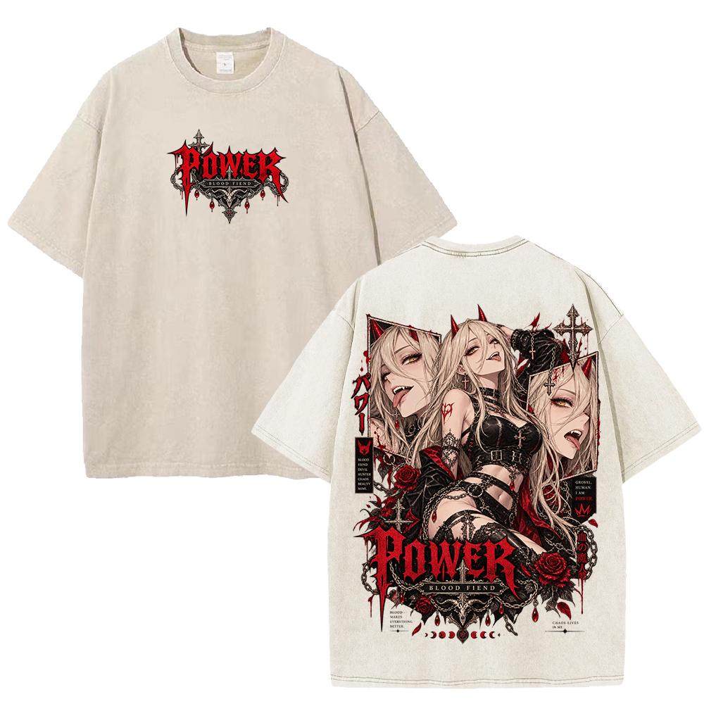 T-shirt Manga Chainsaw Man Puissance Gothique Y2k Vintage Lavé T-shirt Hommes Femmes Vêtements Mode Surdimensionné 100% Coton T-shirts Hauts