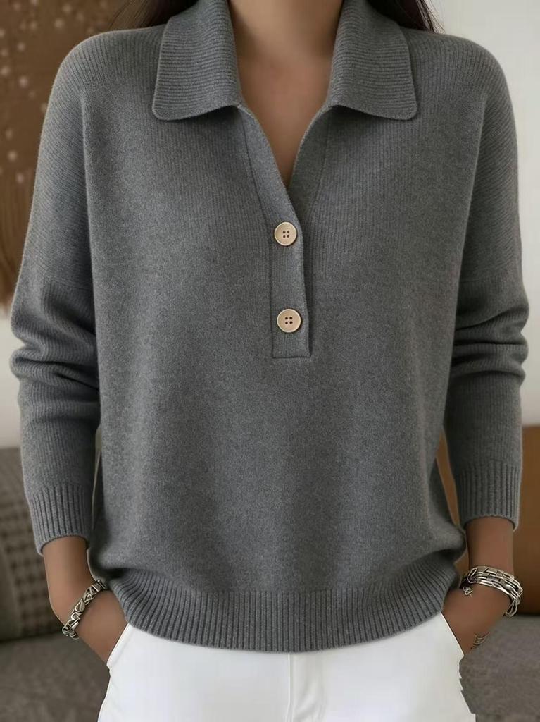2026 Autumn/Winter Women's Loose Knit Lapel Sweater with Half-Button Style - European & American Fashion