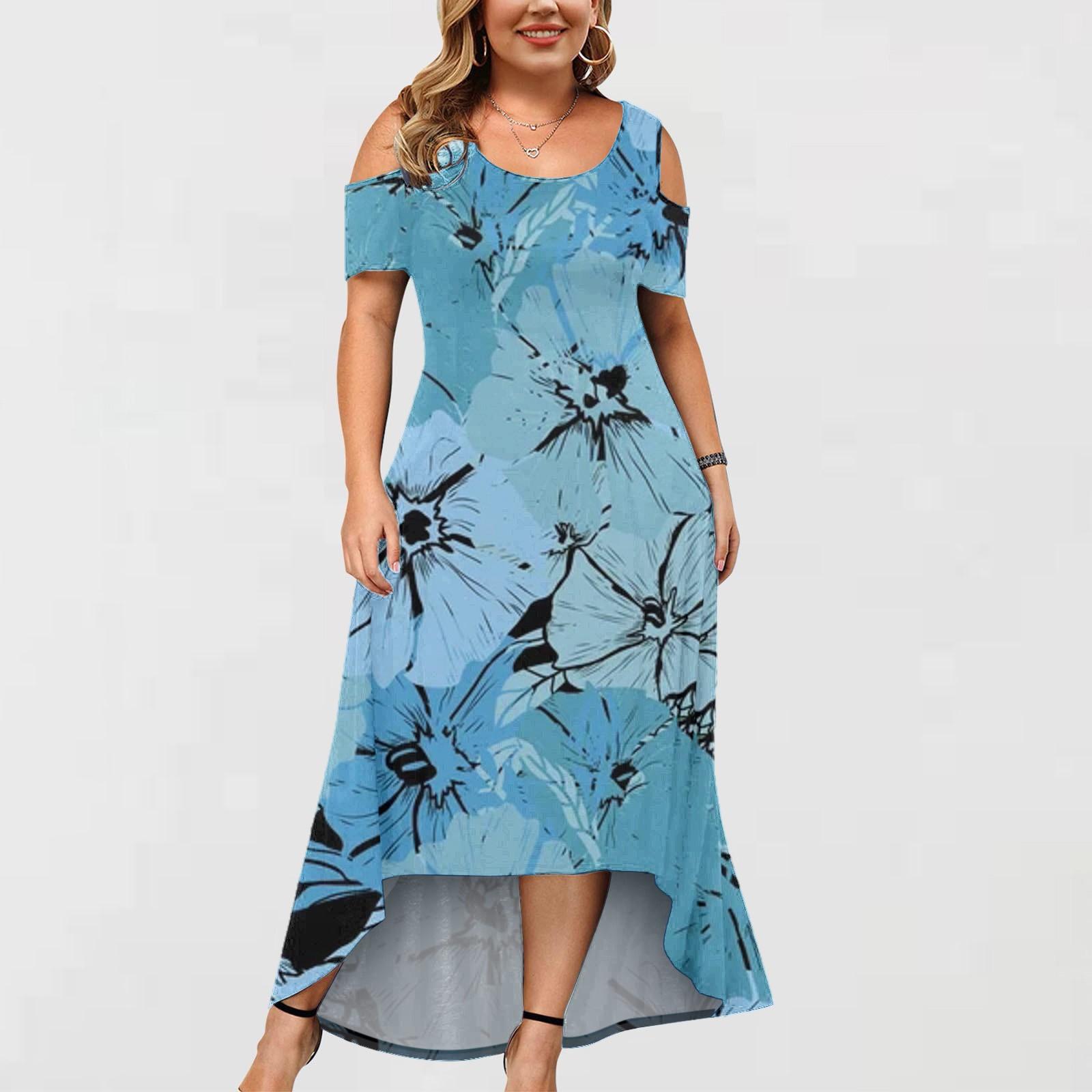 

Плюс размер женское модное платье с короткими рукавами и круглым вырезом с открытыми плечами и нерегулярным подолом XXXXL