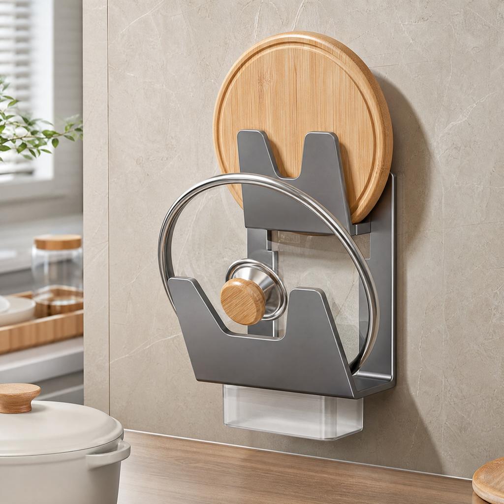 No-drill Wall-Mounted Pot Lid Rack for Kitchen – Storage Shelf for Cutting Boards and Countertop Boards