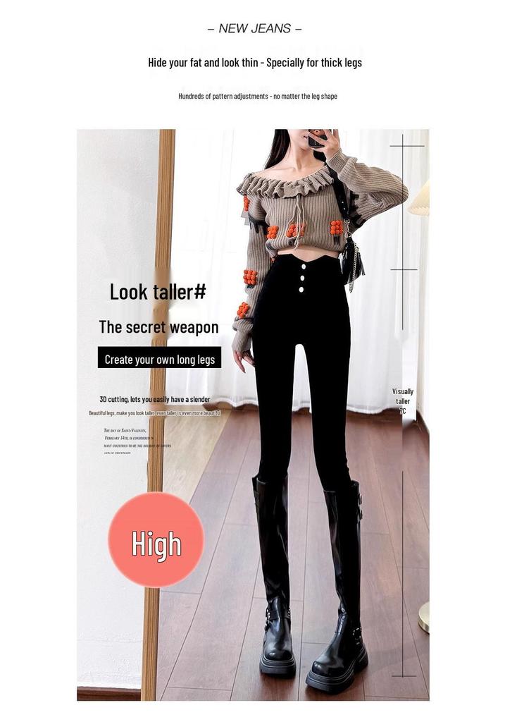 Plus Size Black Fleece-Lined High-Waisted Leggings - Spring/Autumn, Slimming, Stretchy, Skinny Pants.