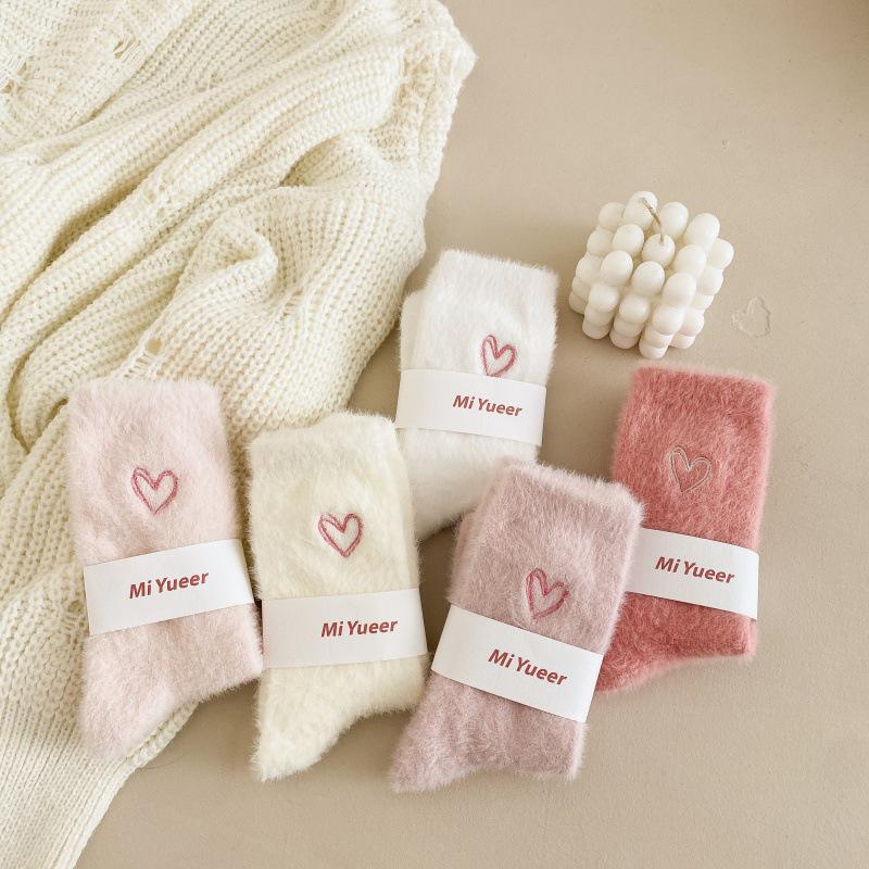 Women's Autumn & Winter Warm Mink Velvet Sleep Socks with Heart Embroidery