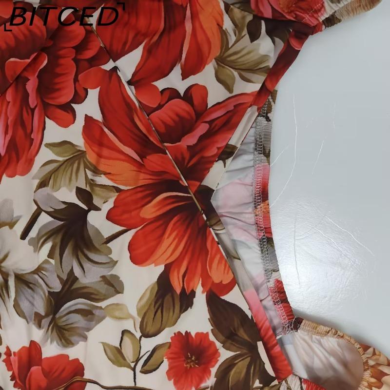 BITCED Summer Women's Outerwear: Fashionable and Elegant Printed Tie-Front V-Neck Full-Skirted Dress