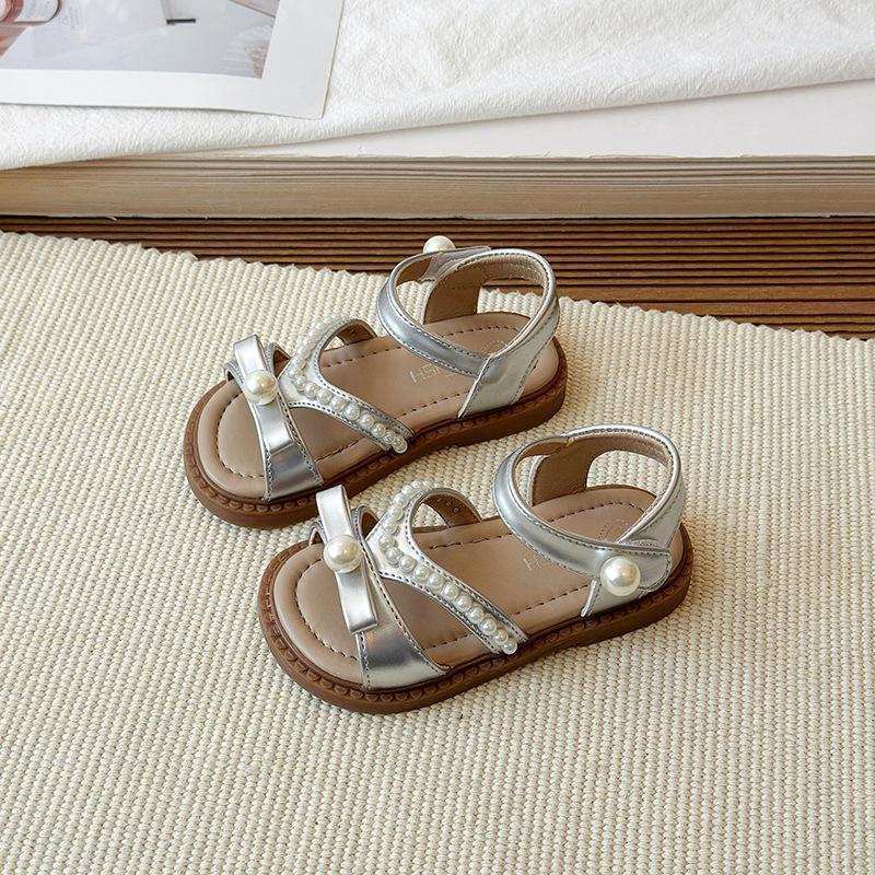 

Girls Pearl Princess Sandals Bow Open Toe Beach Shoes Baby Summer Vacation size 22 серебряный