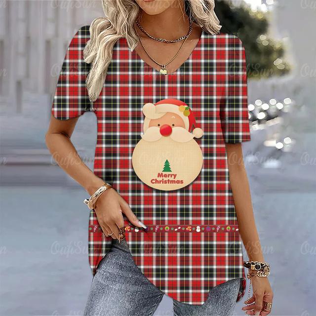 Christmas Women's T-Shirt 3d Printed Short Sleeve Tees Christmas T Shirt For Women Fashion V-Neck Top Holiday Oversized Clothing