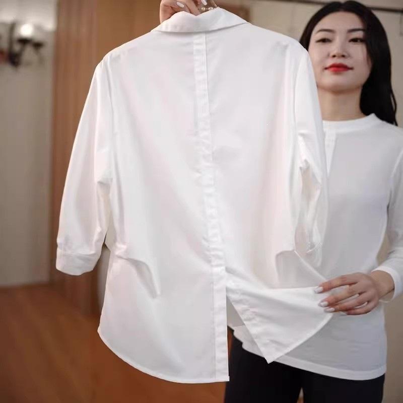 Large size design sense white short-sleeved shirt women's early spring new fat MM thin casual versatile lapel top