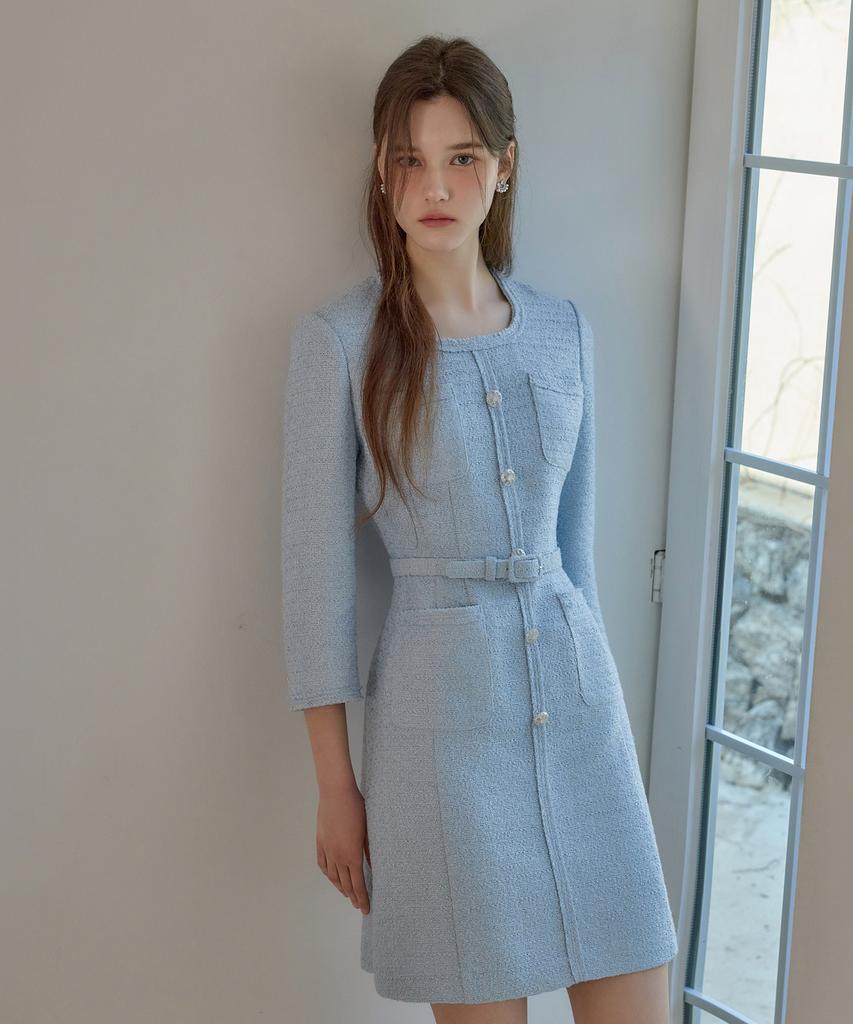 Julie And Kara 26Ss Calla136 Shebigins Bella Tweed Dress Sky Blue